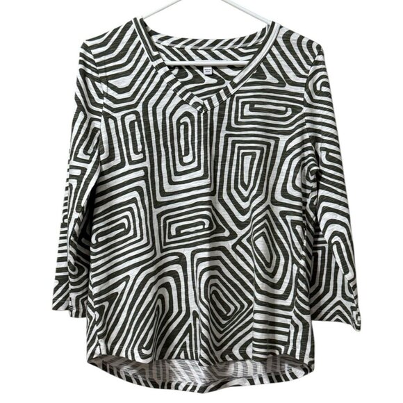 Chicos Size 1 US Medium Green Stripe Long Sleeve V Neck Cotton Blend Casual City - Picture 1 of 12